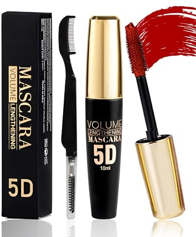 Red 5D Telescopic Mascara for Eyelashes, Waterproof Long Lasting Smudge-proof Colored Mascara, Silk Fiber Wimperntusche Volumen & Längen, Lash Extensions Effect, Augen-Make-up für Weihnachten-07