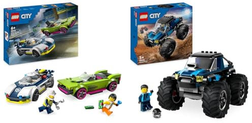 LEGO City Police Car and Muscle Car Chase, Racing Vehicle Toys for 6 Plus Year Old & City Blue Monster Truck Toy for 5 Plus Year Old Boys & Girls, Vehicle Set with a Driver Minifigure, Creative Race