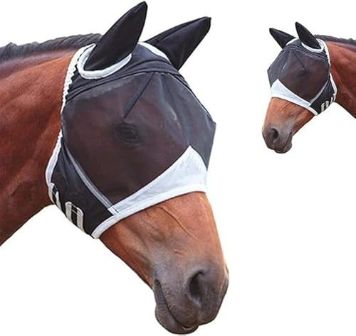 Máscaras contra Moscas para Caballos con Orejas, Máscara contra Moscas para Caballos Protección UV, Máscara para Caballos Transpirable Anti Mosquitos (Heise-San, S)