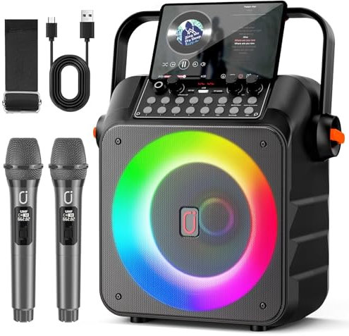 HWWR Karaoke Profesional Inalámbricos, Máquina de Karaoke Portátil con Micrófonos Inalámbricos para Adultos y Niños, Luces LED,USB/TF/AUX/Rec, Karaoke Compatible con Android/iPad/TV/PC