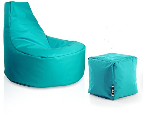 PATCH HOME Gamingfåtölj med pall – sittsäck för vuxna och barn, – perfekt för gaming, lounge, inomhus- och utomhusbruk (turkos, Ø 80 cm, 30 cm sitthöjd, 90 cm höjd + 35 x 35 cm kub)