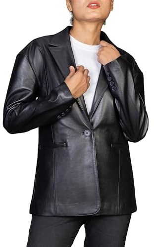 Jild Oversized Lambskin Leather Blazer Women - Business Casual Coat Plus Size Leather Jacket Women (OB-Blk-XL)