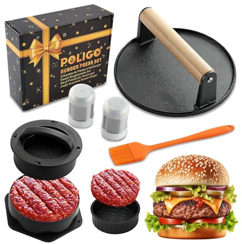 POLIGO Smash Burger Press Kit - 4 in 1 Hamburger Patty Storage Containers, 6.69 Cast Iron Smash Bacon Press - Non Stick Smash Burger Press Set for Grill and Griddle Cooking, Black Round
