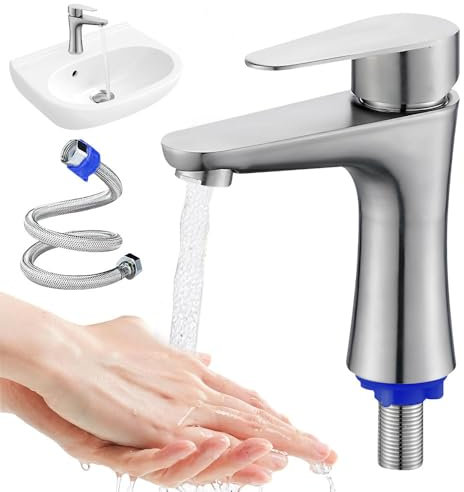 Vmxlso Wasserhahn für Badezimmer, Kaltwasser, mit Schläuchen, Mischbatterie, Waschbecken, verchromt, für Toilette