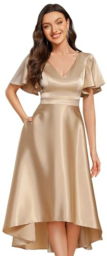 Ever-Pretty Women's Satin Evening Party Dress Midi Wedding Guest Dress High Low Design Bridesmaid Dress Champagne 20UK