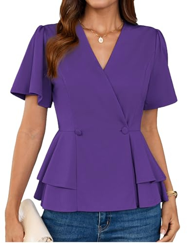 GRACE KARIN Blouse à Volants Haut Manches Courtes Encolure en V Elégante Chemisier Portefeuille Business S Violet