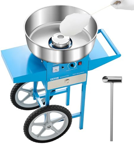 VEVOR Máquina Eléctrica de Algodón de Azúcar con Carro, 1000 W, con Recipiente de Acero Inoxidable de 52 cm, con Cuchara, para Hogar, Cumpleaños, Fiestas Familiares, Azul, 819 x 520 x 855 mm