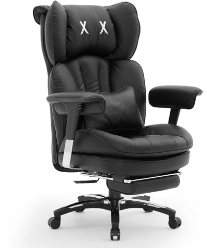 Efomao Bürostuhl, X-Stickerei Big and Tall Stuhl aus PU Leder für Zuhause, Verstellbarer Hochlehner Computer Gaming Stuhl, 200 kg drehbarer Chefsessel mit Fußstütze und Lendenwirbelstütze, Schwarz