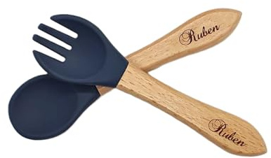 Ensemble couverts - cuillère et fourchette pour enfant - bois et silicone - personnsalisé (plusieurs coloris disponibles) (Bleu)