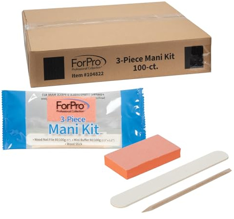 ForPro 3-Piece Mani Kit, 100-Count, Individually-Packed Manicure Set, White Wood Nail File 80/100 Grit, Orange Mini Buffer 80/100 Grit, Wood Stick