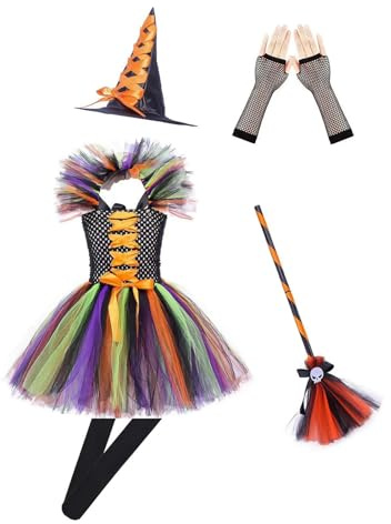 Akgukrseh My 1St Halloween Outfit,Kids Outfit Dresses for Kids Rainbow Witch Costume Witches Hat Headband New Born Baby Clothes Fancy Dress Girls Party Props Cosplay (Multicolour #1,10-12 Years)