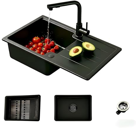 Évier Noir,Évier Cuisine 1 Bac 65 x 43 cm,Évier de Cuisine avec Egouttoir,Panier à Égoutter,Bac d'égouttage,Accessoires de Drainage,Adaptable aux Meubles Bas à Partir de 40 cm de Largeur