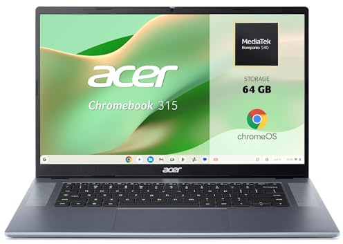 Acer Chromebook 315 CB315-8H - Ordenador Portátil 15,6 FullHD (MediaTek Kompanio 540, 4GB RAM, e-MMC 64, ChromeOS) Plata, QWERTY + 3 Meses de Google AI Pro con Gemini Pro y 5TB de Almacenamiento