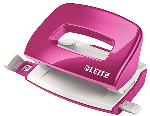 Leitz Mini Hole Punch, 10 Sheets, Guide Bar with Format Markings, Metal, WOW Range, 50601023 - Metallic Pink