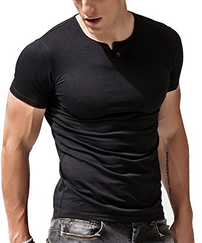 T-Shirt à Manches Courtes Henley Sport Chemise Cotton Muscle pour Homme Bouton Noir M