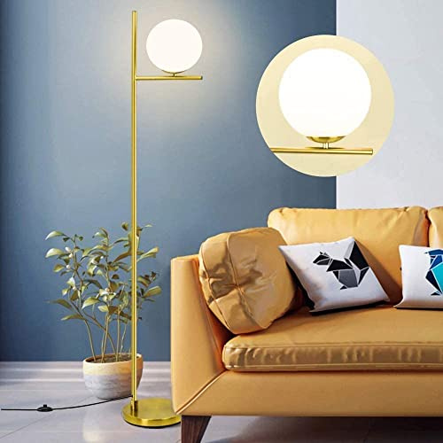 Depuley, lampada a stelo a LED per soggiorno con sfera di vetro, 9 W, base E27, moderna lampada da terra per camera da letto oro con interruttore a pedale, 3000 K, hotel, ristorante