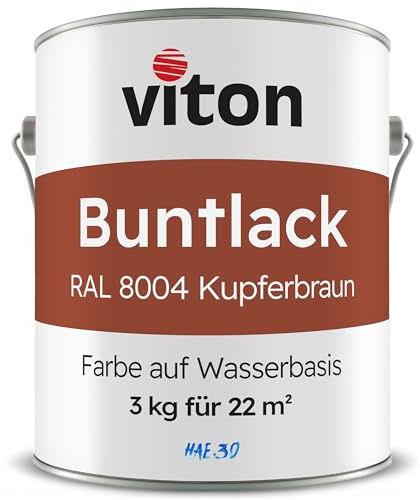 Viton Buntlack 3 kg Braun - Seidenmatt - Wetterfest für Außen und Innen - 3in1 Grundierung & Lack - HAE 30 - Nachhaltige Farbe auf Wasserbasis für Holz, Metall & Fliesen - RAL 8004 Kupferbraun