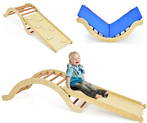 COSTWAY 4 en 1 Triangle d'escalade Montessori Enfants avec Rampe Réversible & Réglable, Arc d'escalade Montessori en Bois avec Coussin Doux pour Glisser Grimper, Charge 60KG pour Enfants de 1 an+