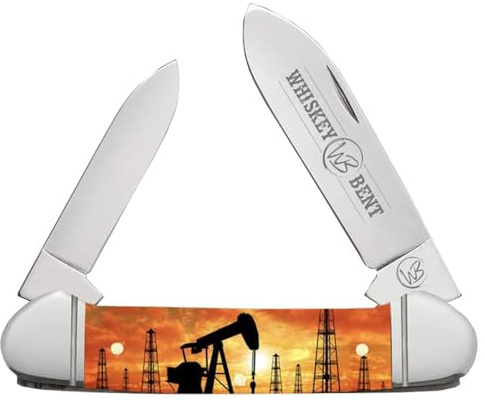 WHISKEY BENT HAT CO. Traditional Canoe Folding Knife 3.63 Closed Length 440C Stainless Steel Blades (Pump Jack Sunset)