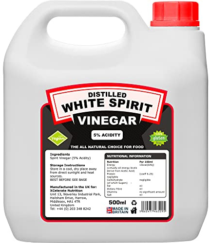 XCelerate Nutrition Distilled White Spirit Vinegar 500ml (5% Acidic)for Cleaning, Weed Killing, Pickling, Marinating & Cooking Distilled White Vinegar Produced in The UK (1 Pack), 500 ml (Pack of 1)