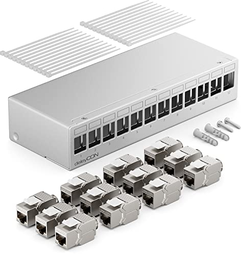 deleyCON Patch Panel 12 Porte Set Sezionatore 1RU + 12 Moduli Keystone Jack RJ45 STP CAT6a Compatibile con Cavo di Installazione CAT5 CAT6 CAT6a CAT7 Cavo di Rete Ethernet LAN DSL - Grigio