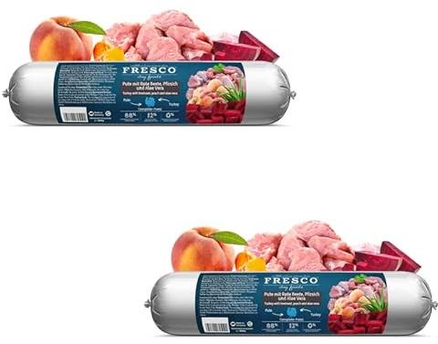 FRESCO Dog Barf Wurst Pute mit Rote Beete, Pfirsich & Aloe Vera | Doppelpack 2 x 400 g | hoher Fleischanteil 99% | natürliches Ergänzungsfutter für Hunde | Praktische Portionierung & schnittfest