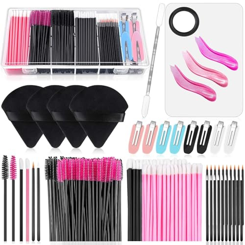 Engångs makeup applikatorkit med triangel puff blandningspalett, konstnärstillbehör engångsmaskara stavar, läppborstar, hårklämmor pulverpuffar för ansikte med förvaringslåda