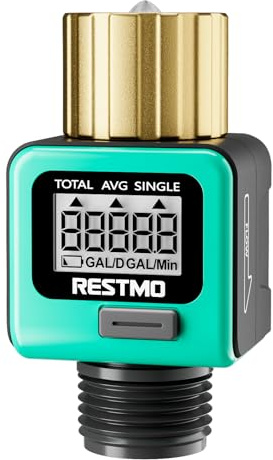 RESTMO Water Flow Meter with Brass Inlet Metal Thread, Measure Gallon/Liter Consumption and Flow Rate for Outdoor Garden Hose Watering, RV Water Tank Filling, Lawn Sprinkler and Nozzle Sprayer