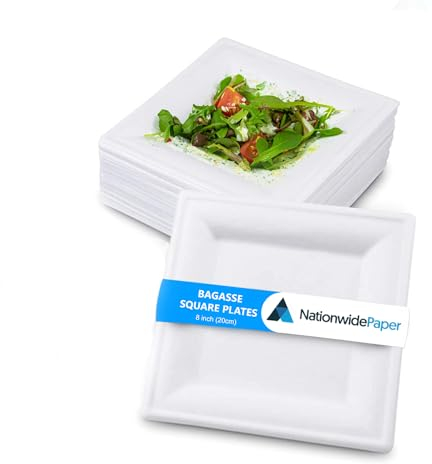 50 platos de papel cuadrados biodegradables de 8 pulgadas, platos de bagazo blanco desechables naturales (20 cm)