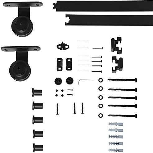 HOMCOM Herrajes para Puertas Correderas 200 cm, Kit de Accesorios para Puerta Corredera con 2 Rieles de Acero al Carbono, Guía de Suelo, 2 Topes, Dispositivo Antideslizante, para Garaje Armario Negro