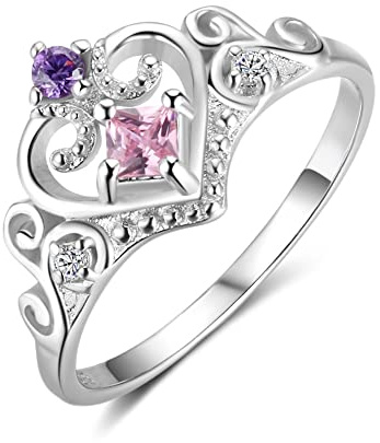 Bellitia Jewelry 925 sterling silver hjärta ring kronring krona krona drottning vigselring förlovningsring med rosa zirkoniumoxid simulerade diamantgåvor för kvinnor och flickor, Kubisk zirkonia