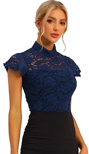 Allegra K Women's Lace Keyhole Back Top Short Sleeve Stand Collar Semi Sheer Blouse Navy Blue M