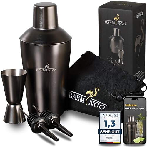 BARMINGO Shaker Cocktail Kit | 5 Pièces, Volume de 500 ML, Noir Métallisé | Shaker Cocktail INOX avec Accessoires de Bar | Set Barman Cocktail Shaker | Kit Cocktail Professionnel
