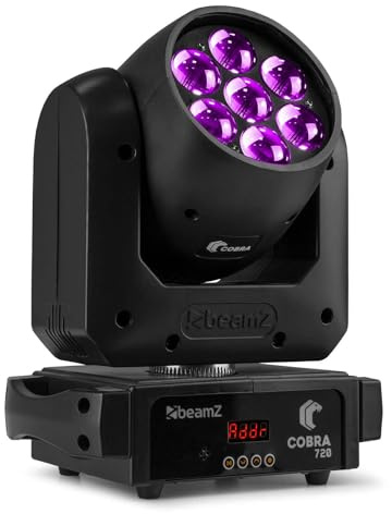 BeamZ Cobra 720 Cabeza Móvil LED Wash 7x20W, Foco Luz Proyector Movil con Zoom, 7 Gobos, Colores, Modo Auto, Master/Esclavo, Control por Sonido y DMX 512, Foco Luz Fiesta Discoteca con Efectos LED Dj