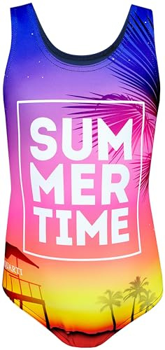 Aquarti Badeanzug Mädchen – Sportlicher Mädchen Badeanzug mit Ringerrücken Print, Farbe: Summer/Time/Gelb, Größe: 116