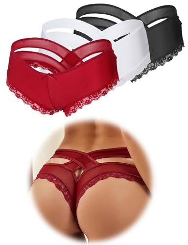 ohmydear String Sexy Tanga Femme Sexy Chic Dentelle Culottes et Slips Femmes Croisées Creux Out Entrejambe en Coton XL-2XL Transparent Panties Strings et Tangas sous-Vêtements Lot de 3
