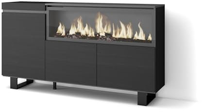 Skraut Home | Aparadores para salón | Gran Capacidad de almacenaje | 160 | 3 Puertas | Chimenea eléctrica XXL | Diseño Industrial | Estilo Moderno | Negro