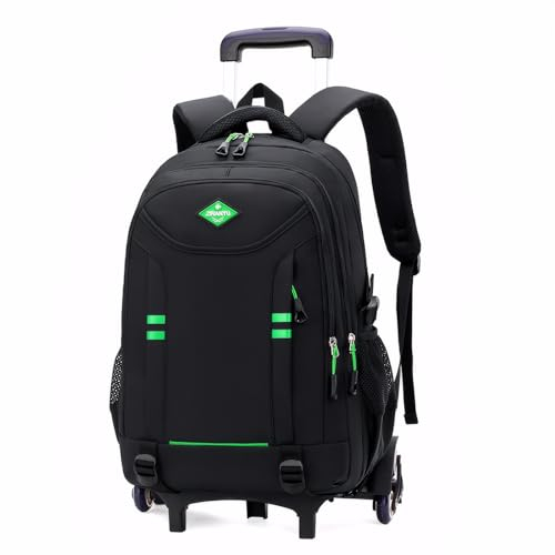 Amythe Schulrucksack Jungen mit Rollen, Abnehmbare Trolley Rucksack Teenager Schulranzen Jungen für Schule/Reise, 6 Rädern, 3-5-7. klasse, Lässig Daypack 16 Zoll, Schwarz-Grün