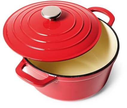 Sur La Table 5-Qt Enameled Cast Iron Dutch Oven – With Lid for Braising, Baking & Deep Frying, Induction Compatible, Oven to 500°F, Moisture-Retaining Design for Flavorful Results, Red