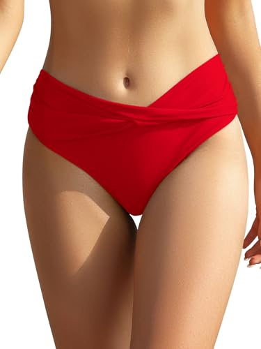 SHEKINI Braguitas de bikini para mujer estilo retro fruncidas reductoras clásicas negras bañador pantalón de playa tallas grandes para mujeres, rojo, L