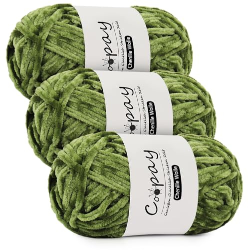 Coopay Lana de Chenilla para Ganchillo - 3 x 100 g de Felpilla Aterciopelada, Hilo Grueso y Esponjoso, Suave Lana de Felpa para Mantas, Bufandas - Verde