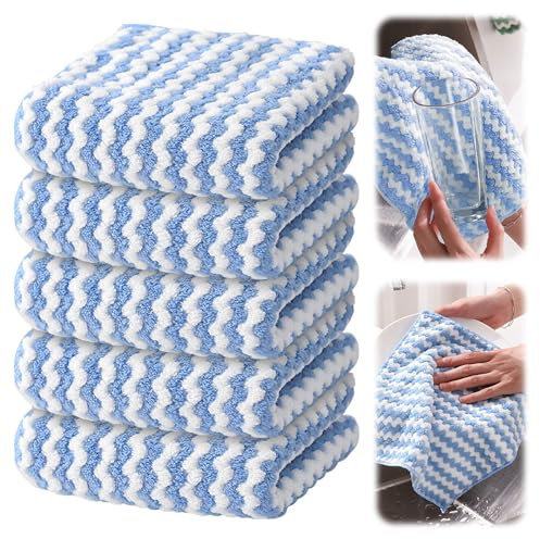 GJV 5 Pack Kitchen Dish Rags Absorbent Quick Drying Cloths for Kitchen,Washing Dishes,Cleaning Rags Reuseable Cleaning Dishcloths Microfiber Washing Dishes Scrubbing Wash Towels Sets (Blue, 25x25cm)