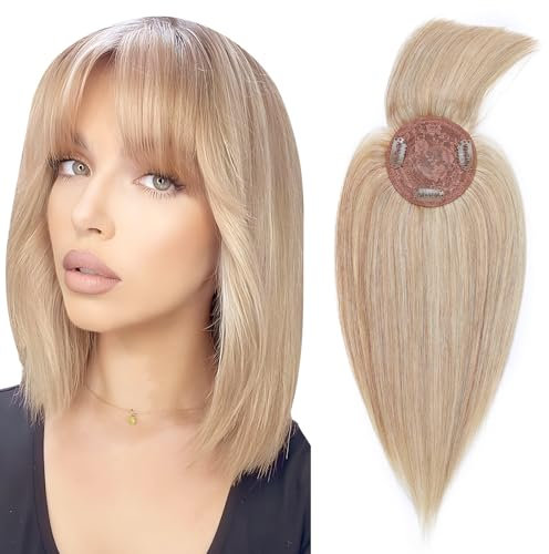 Elailite Frauen Echthaar Topper, MONO Haarteil Pony Toupet, 150% Dichte Clip in Topper Extensions Haarverlängerung Remy Glatt 10 25cm 32g #18/613 Aschblond＆Gebleichtes Blond