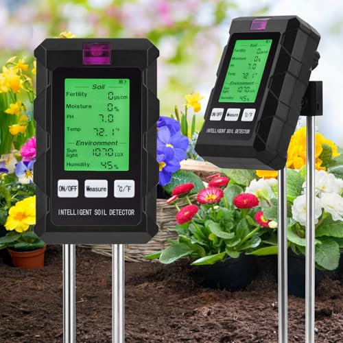 Medidor humedad plantas, Medidor de pH de Suelo 6 en 1, Medidor de Suelo con fertilidad del Suelo/Humedad/pH/Temperatura/luz Solar/Humedad Ambiental para plantas de interior y exterior