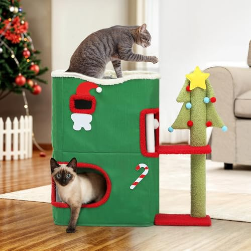 YITAHOME Casa natalizia per gatti a 2 piani per interni, letti per gatti coperti e mobili con grotta autostradale, tiragraffi e prurito, arredamento moderno natalizio per gatti, 68 x 35 x 64 cm