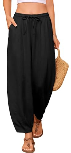UMIPUBO Pantaloni Donna Estivi 7/8 Morbidi Eleganti Leggeri Larghi Pantaloni con Elastico Vita Comodi Leggeri Pantalone Lounge Casual Pantaloni da Spiaggia con Tasche (Nero, L)