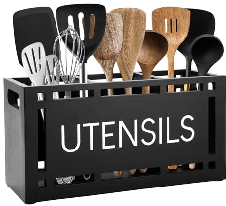 Karisky Utensil Holder for Kitchen Counter, Large 3 Compartments Solid Real Wood Utensil Caddy Organizer with 4 Non-Slip Pads, Rectangular Cooking Tools Storage for Countertop, Black