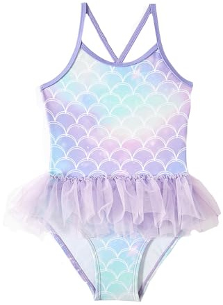 Bañador Niña Bañadores Traje de Baño Una Pieza con Estampado de Escamas de Pez y Tul Gasa Volante Ropa de Playa Bebe Secado Rápido Espalda Cruzada para Infantil Niñas Pequeños Playa Piscina