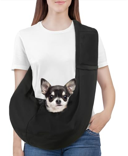 Pawaboo Small Dog Sling Carrier, Reversible Hands Free Dog Sling Carrier for Small Dogs Cats, Puppy Slings Carriers with Adjustable Safety Harness, Puppy Essentials, Black