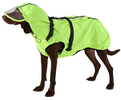 OUOBOB Dog Raincoat Waterproof, Rain Jacket with Reflective Strips, H-Harness (D-Ring) & Detachable Hood with Visor, Ideal for Medium/Large Dogs [Neon Green, Size XL]
